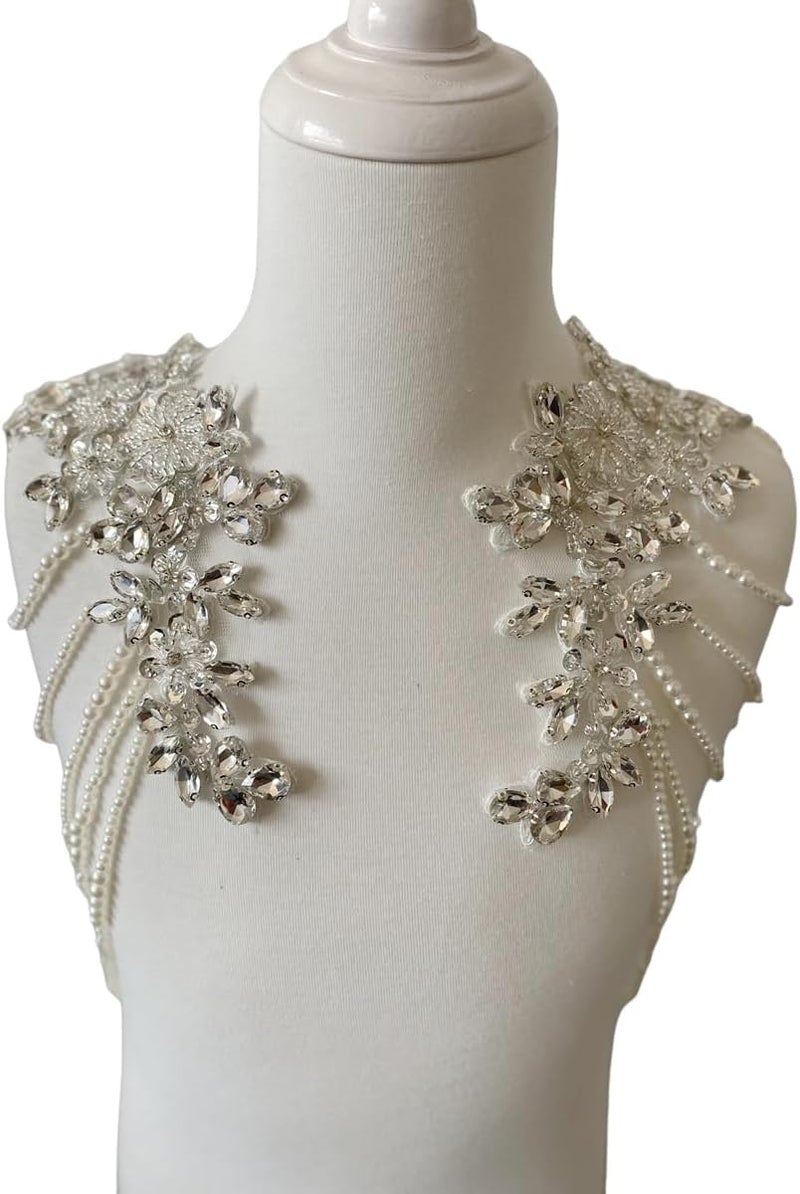wtbvn 1 Pair Beaded Rhinestones Applique Embellishment for Clothes Epaulettes Shoulder Patches Sew-on Diamond Sequin Tassels Applique for Wedding Dress DIY Accessories 9.8X10.2inches (Silver) - Image 2